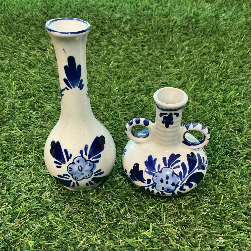 Vintage Blue White Handpainted Windmill Vase Pair Delft Style Holland Decor 2 Pc